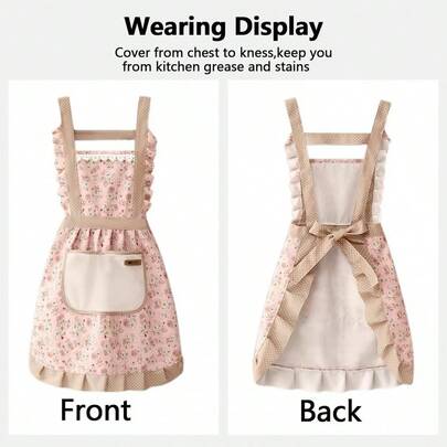Three-Color Vintage Women's Apron, With Pockets, Waterproof, Printed, Made Of Pure Cotton, Adjustable, Suitable For Cooking, Painting, Baking, Pink, Green, And Blue.
