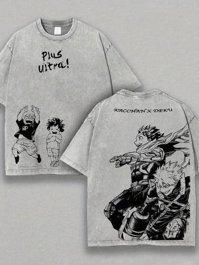 Men's 100% Cotton Vintage Washed Grey Printed T-Shirt - Short Sleeve Plus Ultra Racchan X Deku Year-Round Wear, Machine Washable, Street Style & Versatile