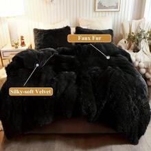 [Halloween Christmas Gift&Decor]3-Piece Soft Fluffy Plush Comforter Set (1 Duvet Cover + 2 Pillowcases W/O Pillow Shams) Soft And Warm Bedding, Machine Washable (Black Queen & King), Perfect For Bedrooms And Guest Rooms - màu đen - Xem 7