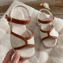 Girls' Woven Platform Sandals - T-Strap Thick Sole Sandals With Ankle Strap And Bells, Summer Straw Beach Slippers - Apricot - View 1