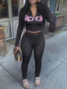 Women's Casual Hooded Zip-Up 2 Pieces Set, Leopard Print Graphic Sweatshirt Paired With Stretchy Skinny Pants - Grey - View 7