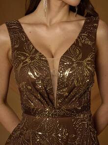 Mgiacy, Nuevo Lanzamiento, Tejido Marrón, Liso, con Lentejuelas, Vestido de Noche, PARA Fiesta de Graduación, Salón de Baile, Atuendos de Verano para Mujeres, Festival, Boda Floral - Marrón - Ver 8