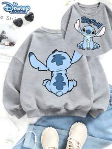 This Soft And Warm Girls' Hoodie Features A Disney Stitch Waving Seated Design And Is Perfect For Everyday Casual Wear, Family Outings, And Any Occasion. - 灰色 - 查看 1