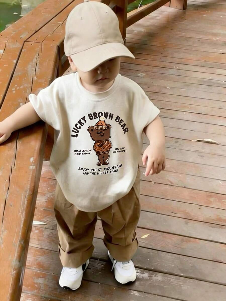 1pc Infant/Toddler Boys' Creative Cartoon Graphic Letter Slogan Print Basic Round Neck Short Sleeve T-Shirt, Casual & Fashionable - Apricot - View 1