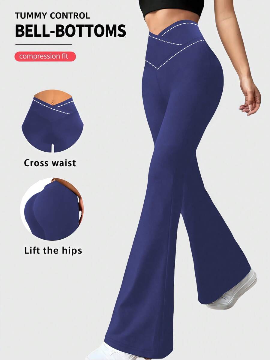 Women's Criss-Cross Waist Flare Pants, High Elasticity Polyester Solid Color Sports Yoga Pants, Criss-Cross Waist Casual Long Pants, Solid Color Skinny Workout Leggings Suitable For All Seasons, Knit Fabric Wide Leg Pants Suitable For Fitness And Leisure Wear - 藏蓝色 - 查看 1