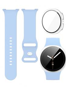 手錶錶帶 + 手錶錶殼套組，相容於 Galaxy Watch 8 40mm 與 44mm。柔軟舒適休閒運動矽膠錶帶，防震耐刮硬 PC 錶殼與強化玻璃螢幕保護膜二合一手錶錶殼。易於佩戴，觸控靈敏。適合男女款智慧手錶錶帶與錶殼。 - 天藍色錶帶配銀色殼 - 查看 2