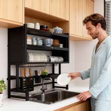 4-Tier Over Sink Dish Draining Rack, Adjustable Width And Height, With Phone Holder, Cup Holder, Knife And Chopstick Holder, Cutting Board Rack, Space-Saving Rack - màu đen - Xem 2