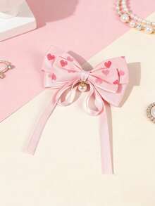 1个心形印花珍珠吊坠蝴蝶结发夹，甜美可爱百搭发饰 - 彩色 - 查看 3