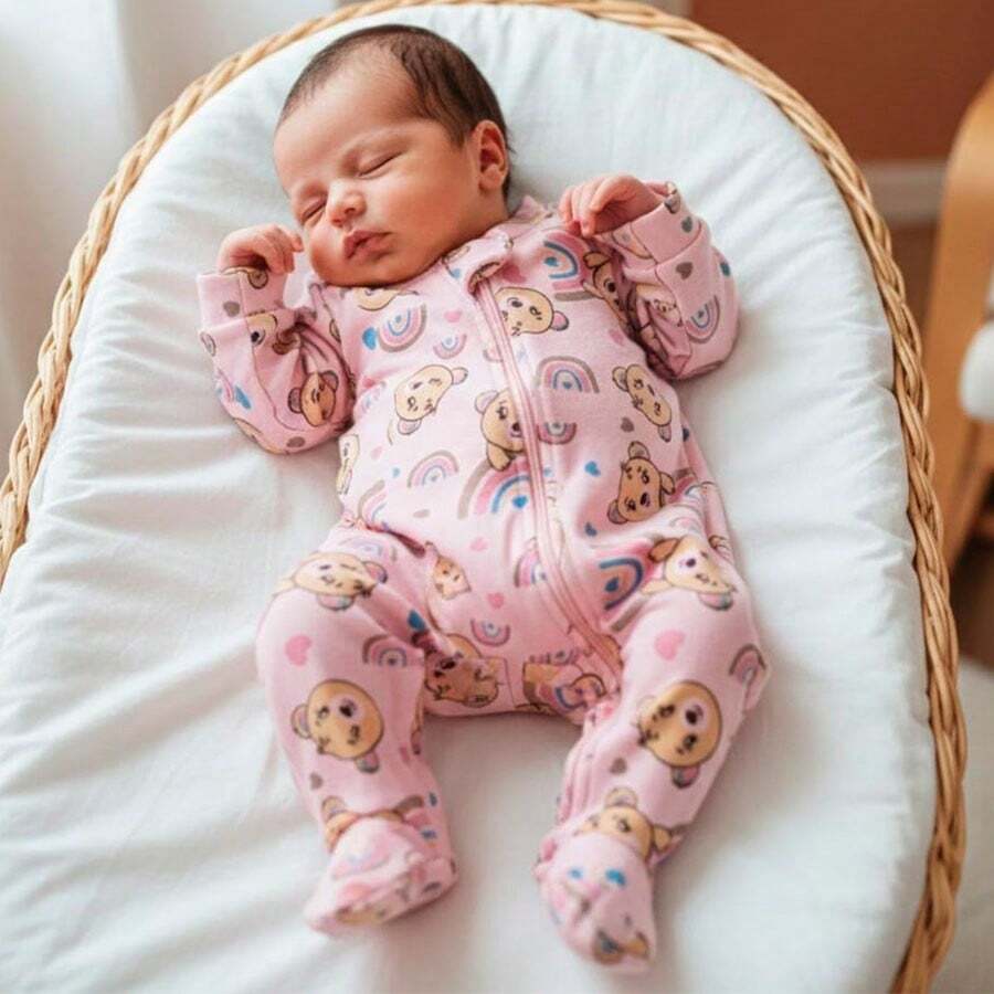 Baby Girl/Boy Long-Sleeved  With Zipper, Lined, Warm, Practical, Comfortable, Printed, Sizes Newborn, Small, And Medium, With Closed Feet. - 粉紅色泰迪熊 - 查看 1