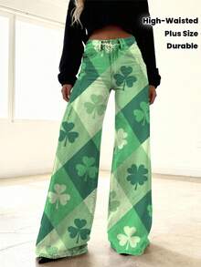 Women's Plus Size High-Waisted Wide-Leg Imitation Jeans - Green Argyle Print (White/Green) Slim-Fit Trousers, Beltless Button Closure Long Pants For Casual & Party Wear, St. Patrick's Day Outfits, Durable Digital Print Denim-Like (Machine - 彩色 - 查看 1