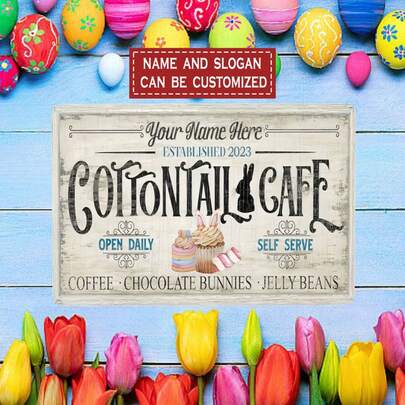 8x12 Inch Customized Metal Sign, Suitable For Easter, Perfect As Holiday Gift. Features Customized Rabbit Cafe Design, Easter Bunny Pattern, Spring Cafe Decor, And Easter Egg Motif. This Vintage Holiday Decor Can Serve As Farmhouse Wall Art.