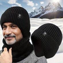 1 chiếc mũ len nam màu trơn, kiểu dáng thường ngày, thoải mái và ấm áp, có lớp lót giữ nhiệt hai lớp, mũ beanie dày dặn thời trang thích hợp cho các hoạt động thể thao ngoài trời, đạp xe, du lịch, phù hợp để đội hàng ngày. - màu đen - Xem 2