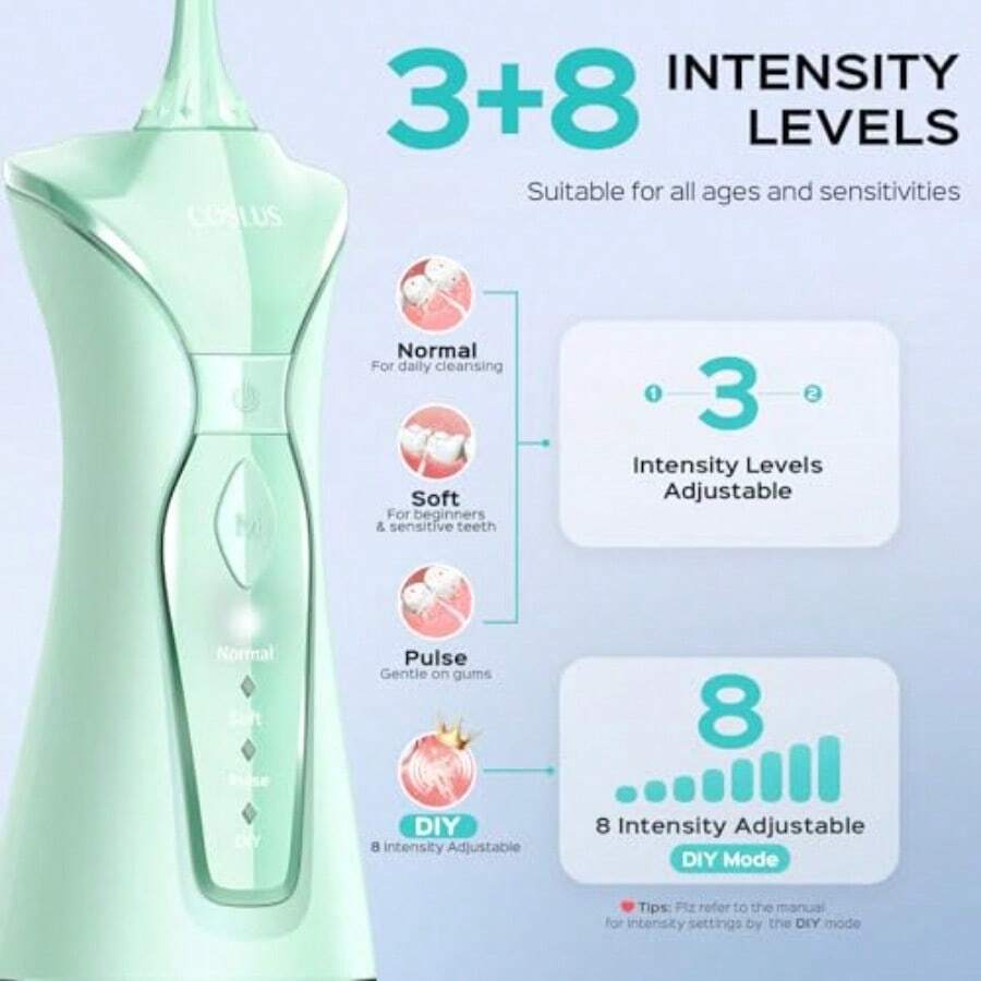 irrigador bucal portátil para los dientes, 4 modos, irrigador dental para brackets y encías sensibles, con 4 boquillas, tanque de 300 ml, irrigador oral inalámbrico para viajes y hogar, color blanco - Verde Menta - Ver 1