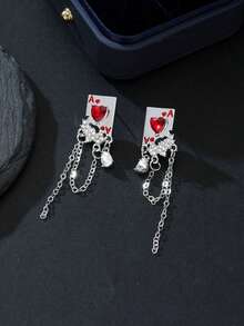 一对朋克风扑克主题耳环，红桃A流苏吊坠耳钉，镶嵌氧化锆，时尚女士珠宝，优雅日常及派对配饰 - 耳環 - 查看 5