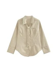 女士镜面长袖修身衬衫，学院风修身上衣 - 杏色 - 查看 6