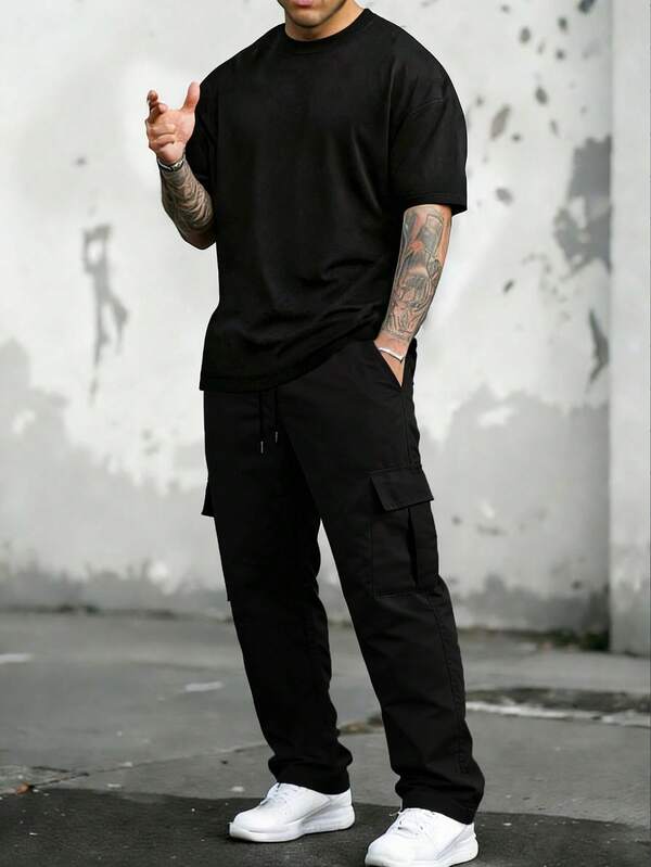 男士纯色短袖T恤和工装裤两件套，休闲通勤运动套装，黑色西装，街头风，百搭