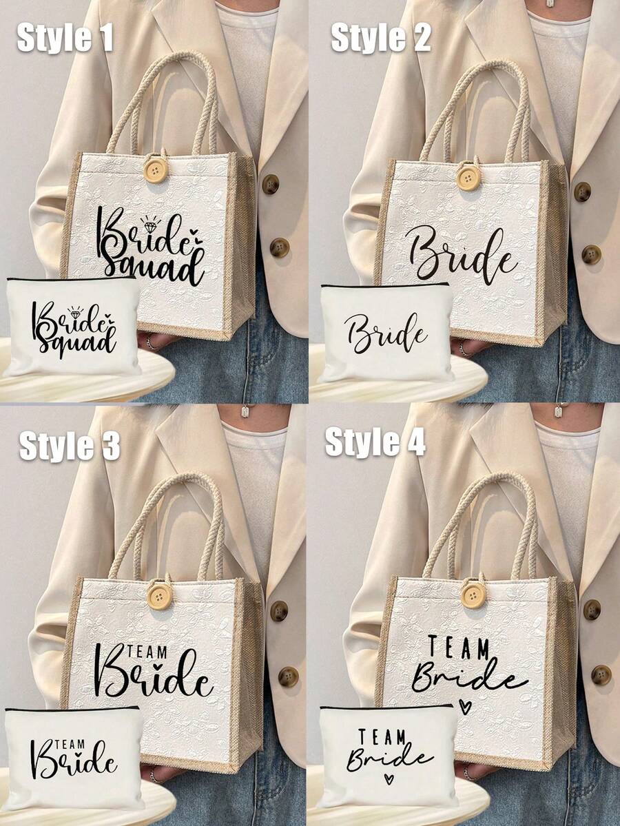 新娘蕾丝印花手提包 白色化妆包 - 印有“爱意满满”字样，新娘字母图案，单件派对婚礼旅行洗漱包，便携式化妆包，多功能包，旅行化妆包，字母图案拉链收纳包 - 彩色 - 查看 1