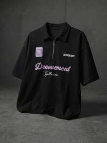 男士宽松四分之一拉链POLO衫，饰有Denouement字母和Dieuxenfants印花，舒适纯棉休闲街头服饰 - 黑色 - 查看 2