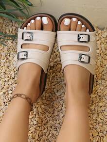 2026夏季新款时尚百搭双扣休闲平底露趾拖鞋 - 白色 - 查看 1