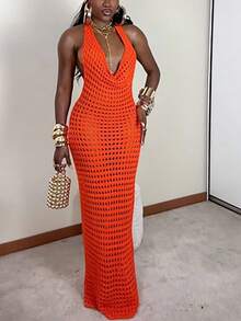 Women's Red Tie Strap Cropped Sleeveless Backless Deep V-Neck Sexy Bohemian Style Fitted Long Dress, Suitable For Beach, Beach Party, Music Festival And Cocktail Party - Red - View 6