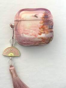 Pink Retro Floral Earphone Case With Pendant, Handheld Or Hang On Bag, Compatible With Apple 1/2/3/4/Pro 2/Pro 3, Protective Anti-Drop Case - Pink - View 11