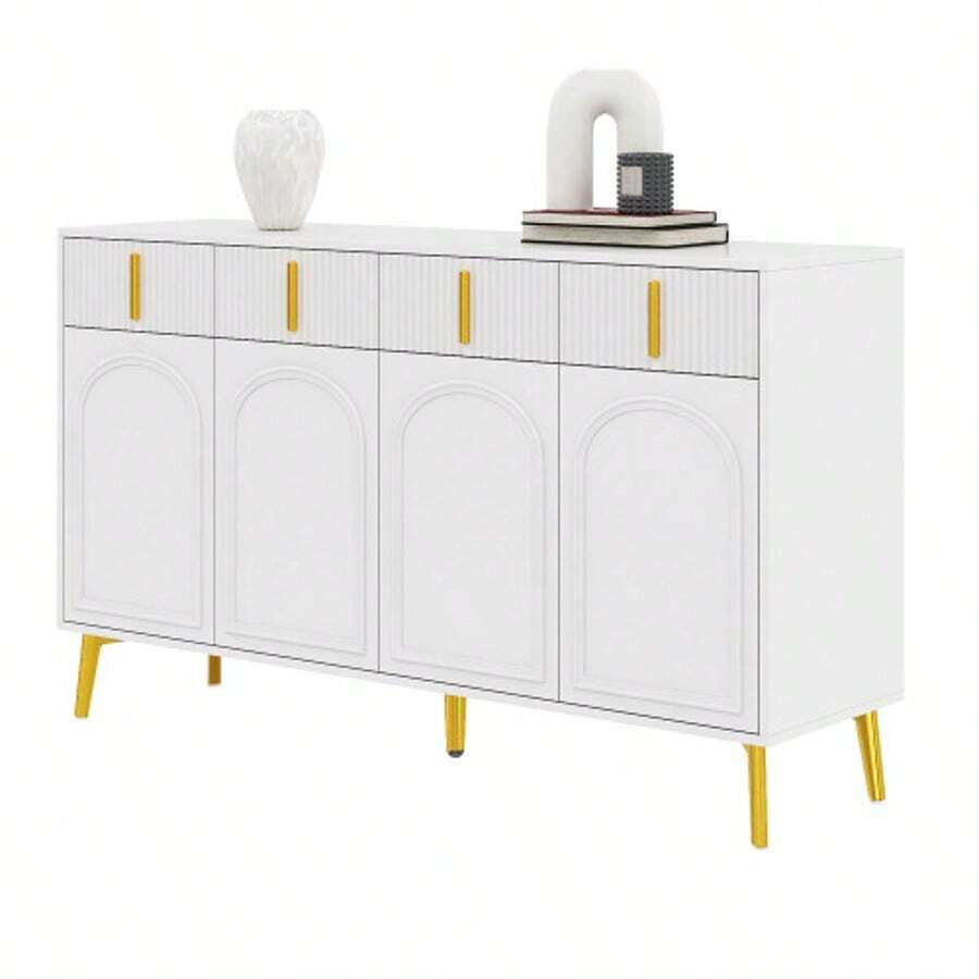 Buffet With Gold Handles And Feet, 4 Doors, 4 Drawers, With Removable Laminate Covering, Suitable For Living Rooms And Dining Rooms, 140*37.8*82 Cm.