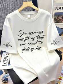 印花短袖休闲夏季T恤，带标语 - 白色 - 查看 1