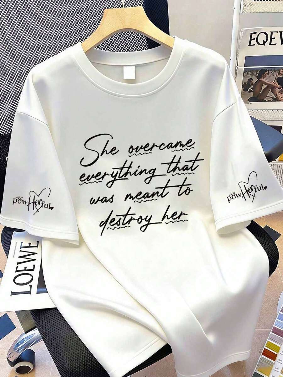 印花短袖休闲夏季T恤，带标语 - 白色 - 查看 1