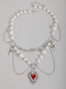 1件哥特式多层心形吊坠项链，仿珍珠流苏颈链朋克锁骨链，多层毛衣链，ins嘻哈锁骨链，女士情人节礼物 - 紅色 - 查看 2