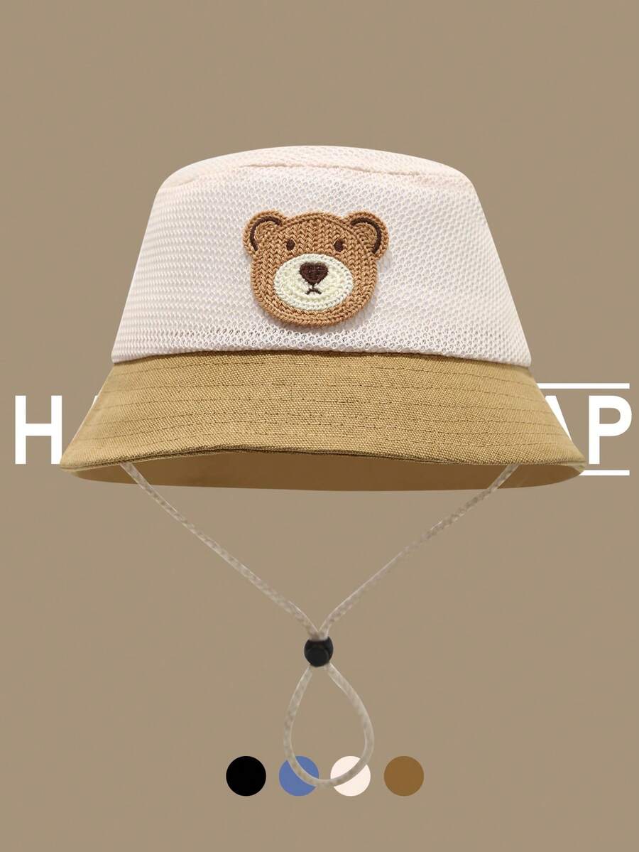 1顶婴儿熊图案渔夫帽，夏季防晒帽，透气网眼设计，适合幼儿 - 彩色 - 查看 1