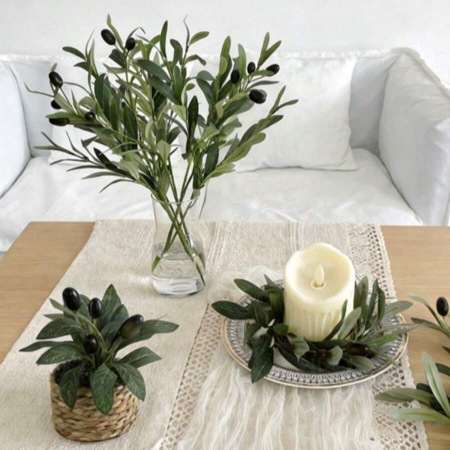 3pcs Artificial Olive Tree Branches, Suitable For Vases, Fake Olive Tree Branches With Green Leaves, Applicable For Centerpiece Decor, Home Decor, Coffee Table Decor - Style B - View 1