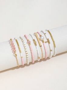 9pcs Boho Style CCB Faux Pearl Beaded Bracelet Set For Women - Gold - View 2