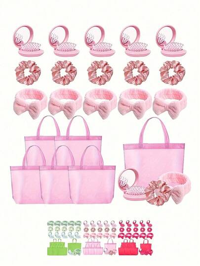 Set de 4/8 piezas de artículos esenciales para fiestas de pijamas para mujeres - Regalos de cumpleaños: Suministros para fiestas de spa de poliéster - Peines, regalos de boda, recuerdos de damas de honor, diademas, scrunchies de satén y bolsas de regalo para fiestas de pijamas y reuniones grupales, bolsas de almacenamiento Set de bolsas de regalo de scrunchies para el cabello Artículos para dormir y accesorios de spa - Perfecto para fiestas de cumpleaños de spa y grupos de pijamas