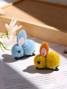 2/4个可爱毛绒兔子发夹 - 饰有卡通兔子和熊图案，星形蓬松发夹，彩色纽扣设计，甜美柔软的发饰，适合日常女士发型 - 彩色 - 查看 12