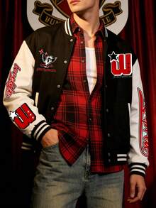 Men's Printed Pattern Casual Baseball Jacket, Varsity Jacket, Boyfriend Gift, Unisex, Spring/Autumn - Black - View 2