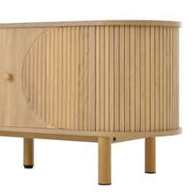 Modern TV Cabinet With Rattan Drawers With Open Compartments, Rounded Tabletop, Metal Legs In Wood Look, Multifunctional Living Room Furniture.