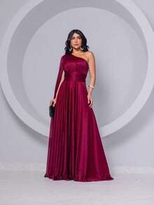 Women's Tulle Crystal Dress Shiny Color Long One Shoulder One Sleeve Long Cape Fashion Prom Party Social - 紅木色 - 查看 1