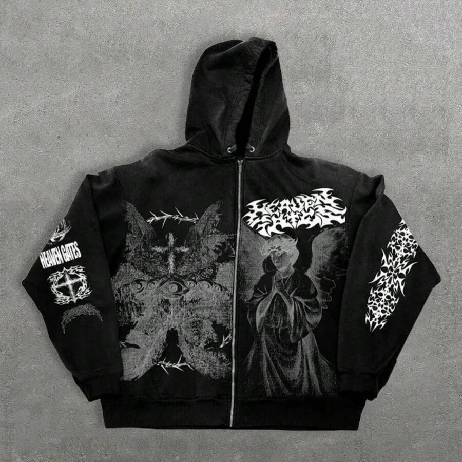 Cardigan Sweater American Spring And Autumn New Angel 3D Printed Hoodie Zipper Men's And Women's Same Loose Sweater Y2K Retro Style - 黑色 - 查看 1