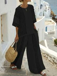 两件套女士休闲优雅竖条纹圆领短袖T恤和裤子套装，波西米亚风亚麻面料，返校季穿搭，完美休闲套装，时尚夏季上衣和裤子 - 淺藍色 - 查看 11