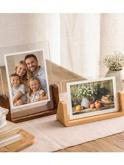 SURELIFE 1个6/7/8英寸U型亚克力和实心胡桃木相框支架桌面菜单展示架 - 多功能横向或纵向展示，是家居装饰和礼品展示的理想之选