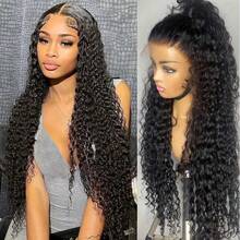 ZHUICHAO Frontal Weaves 34 Inch Long Deep Curly Frontal Brazilian Hair Human Glueless Hair Wig 13x4 HD Lace Front Wigs Wet And Wavy Lace Frontal Wigs Pre Plucked Human Lace Hair Front Wigs For Women 200% Thick Density Real Hair - 1B# - View 7