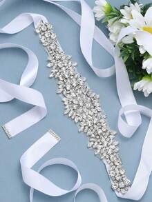 1 pieza Cinturón nupcial de mujer con aplique de diamante y cinta de satén de aleación de plata, accesorio para ceremonia de boda, decoración de cintura para la novia - Blanco - Ver 6