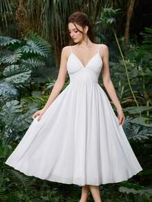 Faeriesty 优雅白色V领荷叶边中长连衣裙 - 高腰A字雪纺夏季连衣裙，适合派对、海滩、度假、婚礼等场合 - 白色 - 查看 3