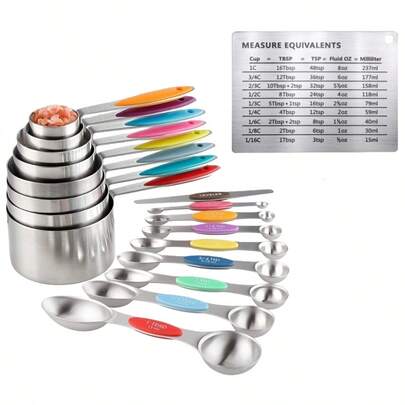 8/10/17件套量杯量勺套装，不锈钢材质，双面磁性量勺，带刻度的量杯量勺套装，粉末和液体量具，烘焙专用量杯量勺套装，适用于面包、马卡龙、蛋糕、抹茶粉、咖啡粉等，适用于干湿食材 - 厨房用品 - 烘焙工具 - 厨房小工具 - 彩色和黑色