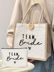 新娘蕾丝印花手提包 白色化妆包 - 印有“爱意满满”字样，新娘字母图案，单件派对婚礼旅行洗漱包，便携式化妆包，多功能包，旅行化妆包，字母图案拉链收纳包 - 彩色 - 查看 13