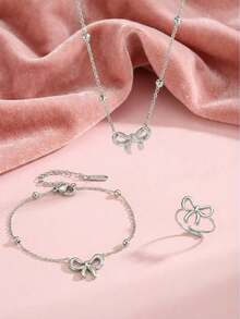 1 Set Elegant Stainless Steel Gold Butterfly Pendant Necklace, Bracelet, Earrings, Ring Jewelry Set, Suitable As Daily Wear Accessories Gift For Girls - Silver - View 11