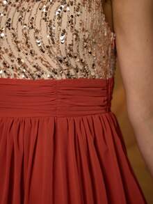 Mgiacy New Arrival Round Neck Halter Fancy Evening Gown Dress Sequin Ruched High Slit Chiffon Long Dress - Champagne - View 8