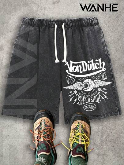 WANHE Men's Washed Shorts / Unisex Style, Couples' Matching Outfit - Ideal Gift For 2026 New Year, Valentine's Day, Romantic Outfits, St. Patrick's Day, Black History Month, Back-To-School Season And Easter-Van Dutch Motor Cycles Speed Shop Printed Washed Shorts For Men Streetwear Casual Summer Outfit  Graphic Design Comfortable Fit Urban Lifestyle Fashion