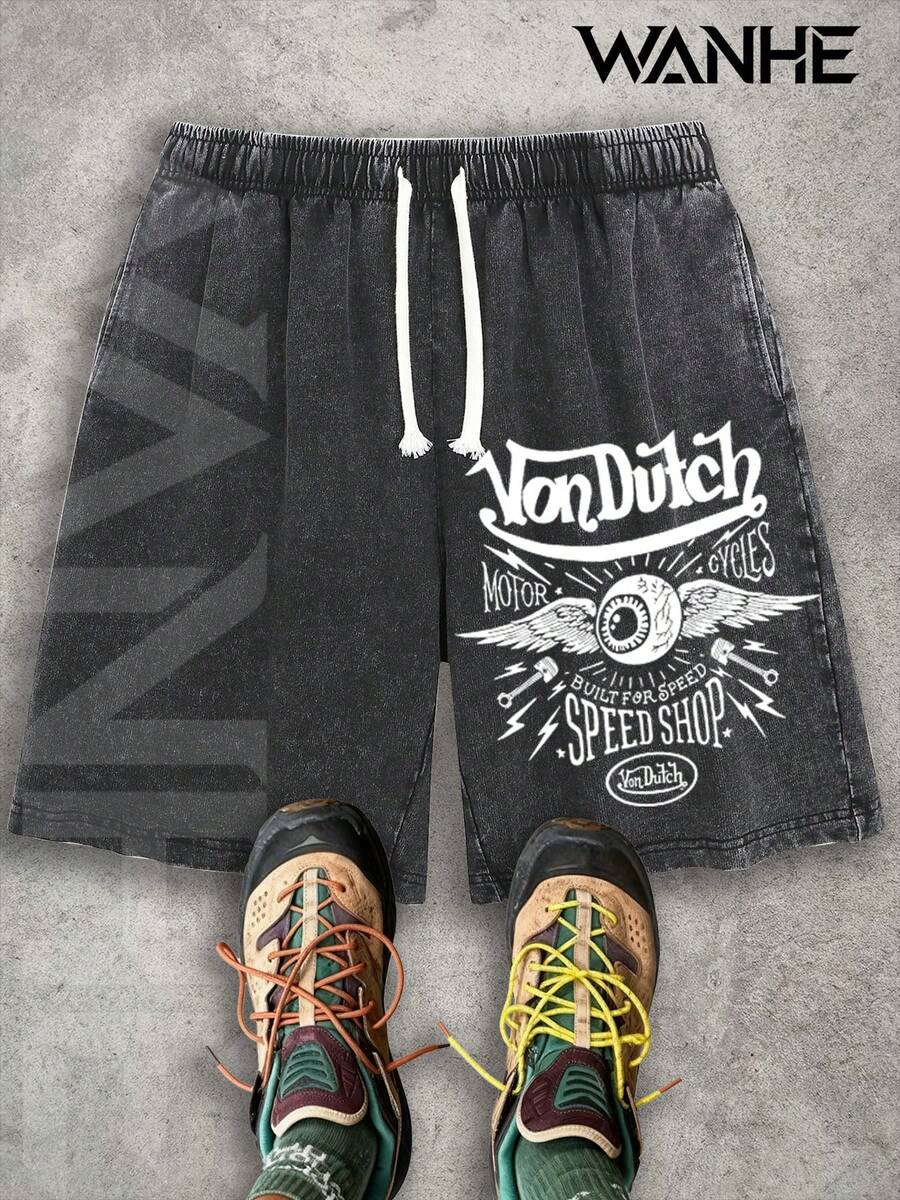 WANHE Men's Washed Shorts / Unisex Style, Couples' Matching Outfit - Ideal Gift For 2026 New Year, Valentine's Day, Romantic Outfits, St. Patrick's Day, Black History Month, Back-To-School Season And Easter-Van Dutch Motor Cycles Speed Shop Printed Washed Shorts For Men Streetwear Casual Summer Outfit  Graphic Design Comfortable Fit Urban Lifestyle Fashion - 黑色 - 查看 1