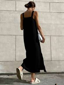 Women's Elegant Casual Sleeveless Square Neck Maxi A-Line Dress, Side Slit Design, Non-Stretch Fabric, Casual Elegant Summer Style For Vacation And Daily Wear Black - Black - View 3